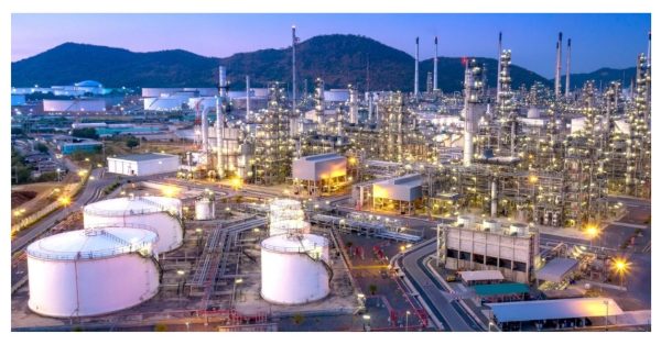 Aerial View of Refinery Plant at Twilight