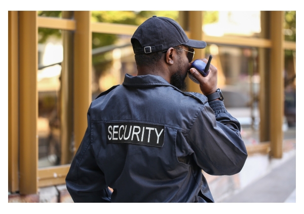 Security guard on a walkie-talkie