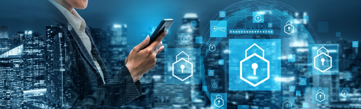 Business woman on a smartphone to unlock security Business woman on a smartphone to unlock security