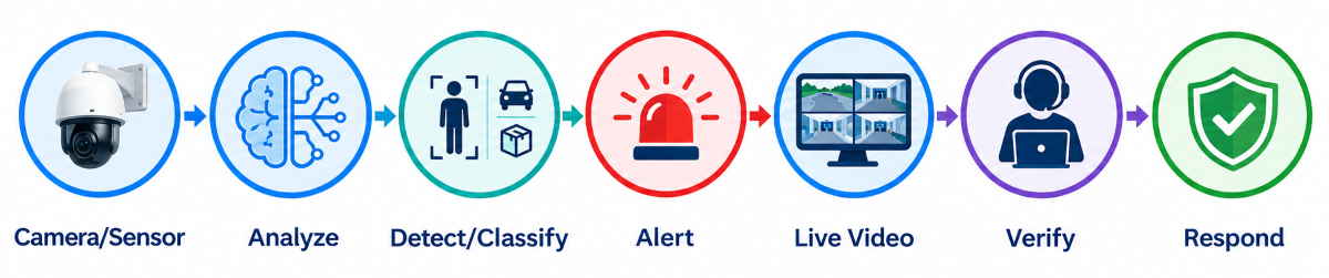 Camera-Analyze-Detect-Alert-Live-Verify-Respond Graphic