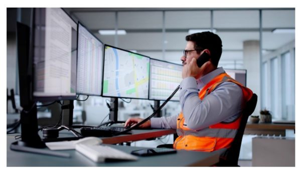 Man on phone looking a various alarm screens