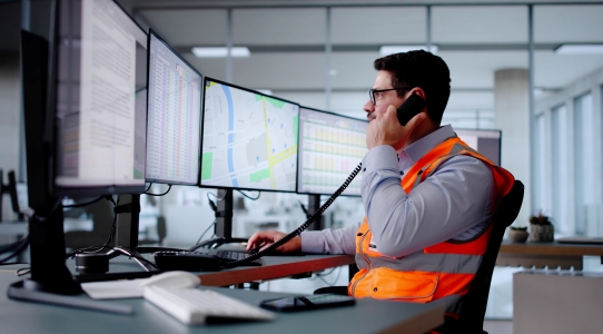Man on phone looking a various alarm screens