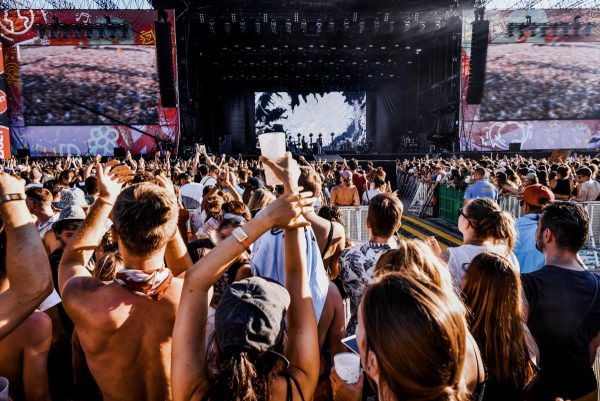 Outdoor concert with fans 
