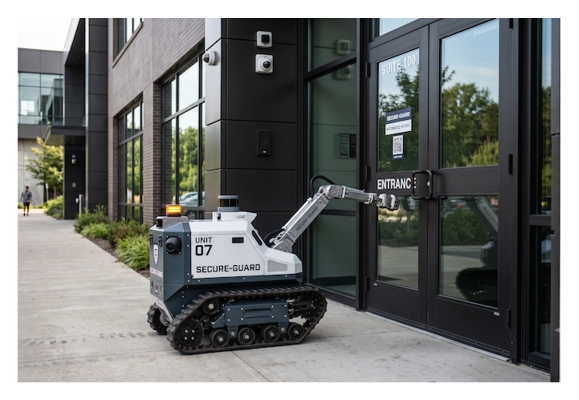 Secure-Guard Robot Approaching A Door